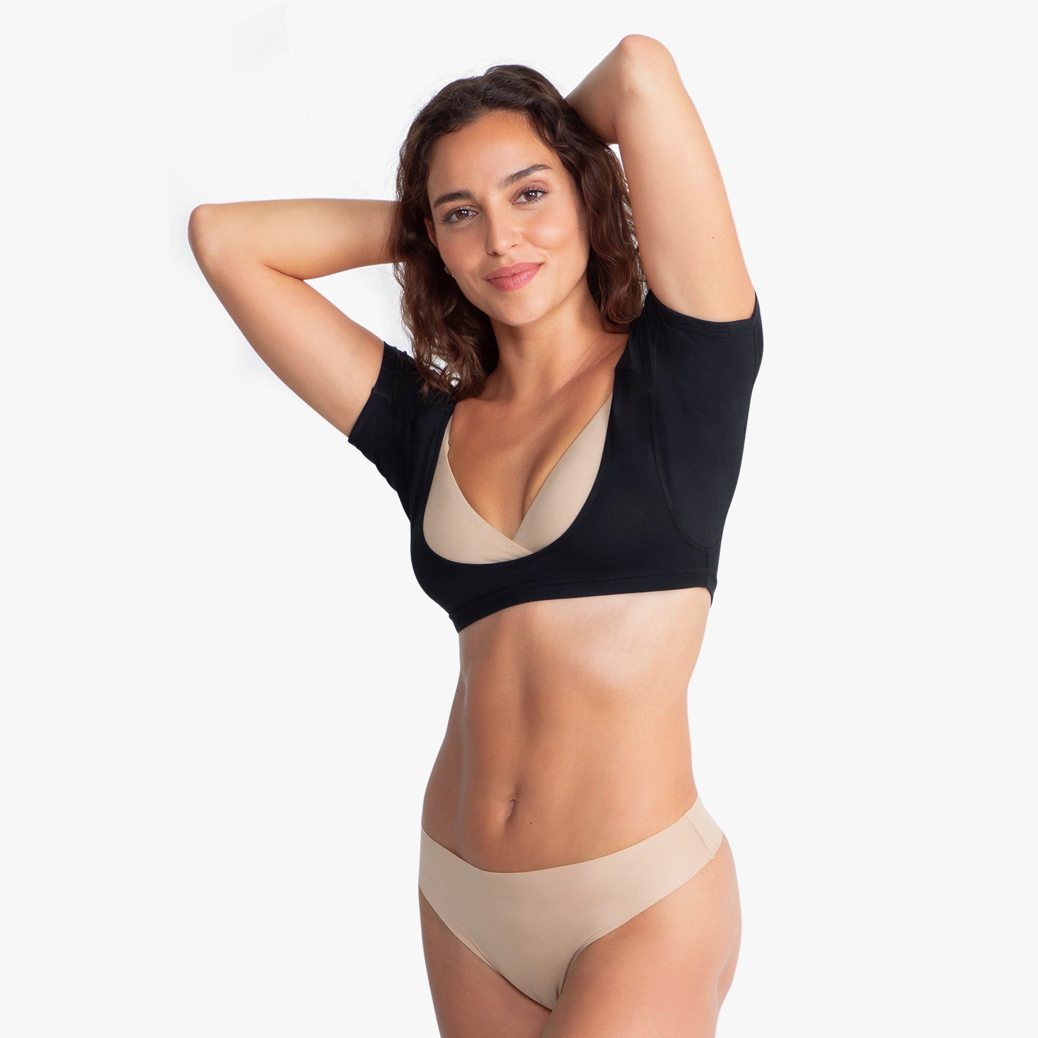 Anti-Schweiß Bustier schwarz mit unsichtbaren Achselpads, atmungsaktivem Modal und bequemem Unterbrustbund
#farbe_schwarz