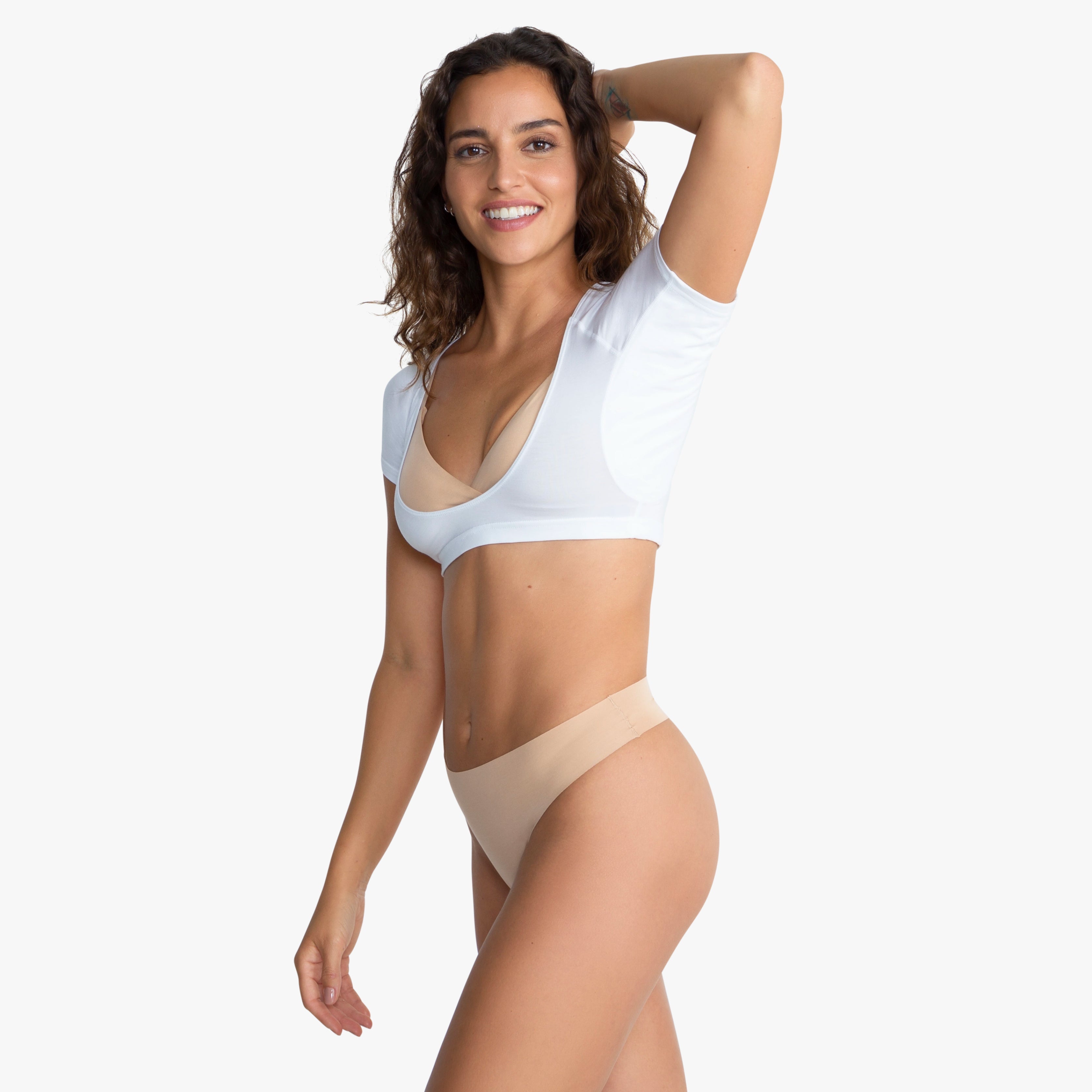 Anti-Schweiß Bustier weiß mit unsichtbaren Achselpads, atmungsaktivem Modal und bequemem Unterbrustbund
#farbe_weiß