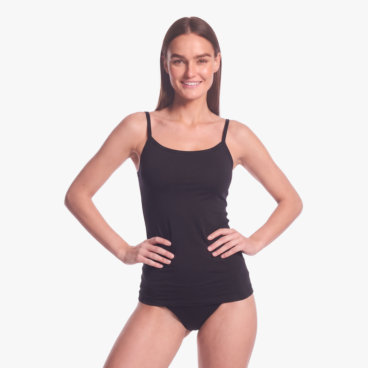 Unterhemd Spaghetti-Top schwarz aus seidig-weichem Lenzing® Modal, mit feinen Trägern und unsichtbar unter Kleidung
#farbe_schwarz