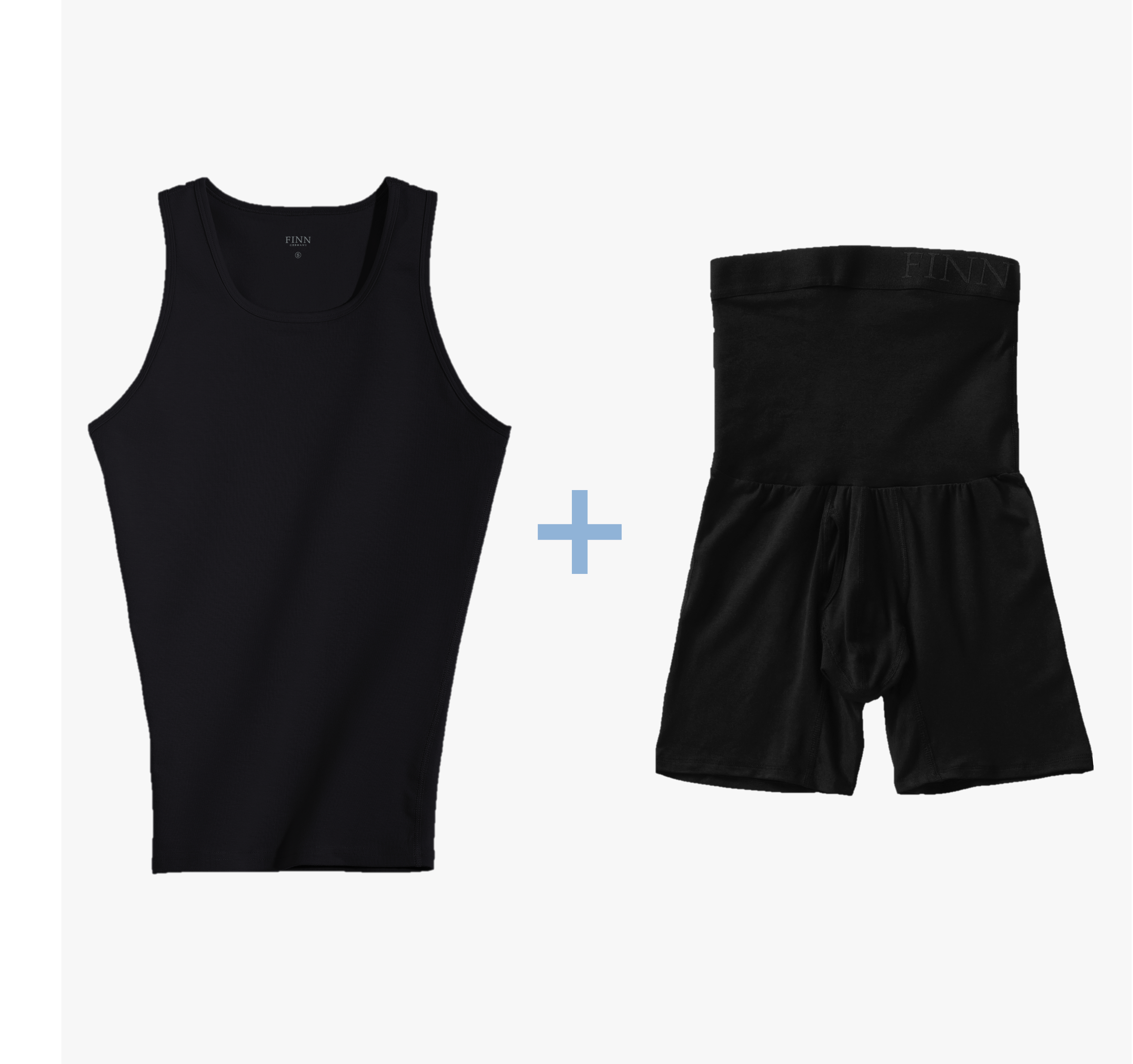 Ein Set mit schwarzen Kompressions-Unterhemd und schwarzen Shape-Boxershorts für Herren. Starker Bauch-weg Effekt, hochwertige Baumwolle, maximaler Tragekomfort.