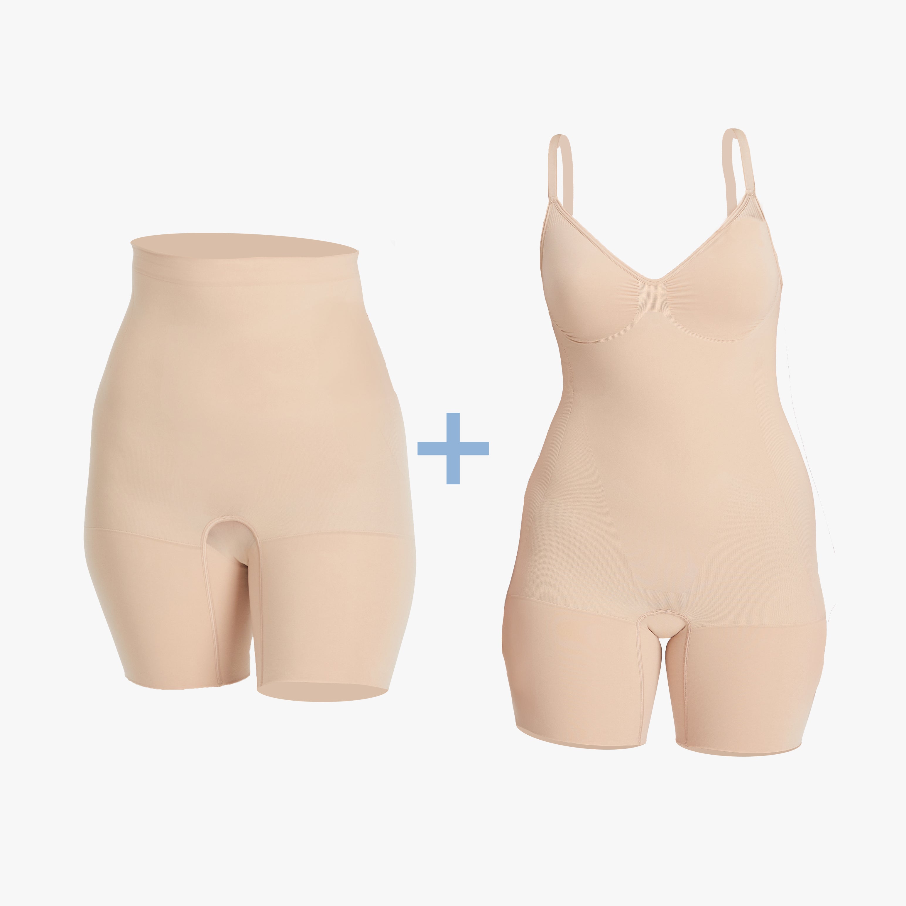 Frau trägt das Shapewear Set, bestehend aus einem weißen Body und hautfarbenen Shorts. Das Set bietet extra starke Kompression, formt und glättet den Körper unsichtbar unter der Kleidung. Ideal für eine schlankere Silhouette und maximalen Tragekomfort. #farbe_nude