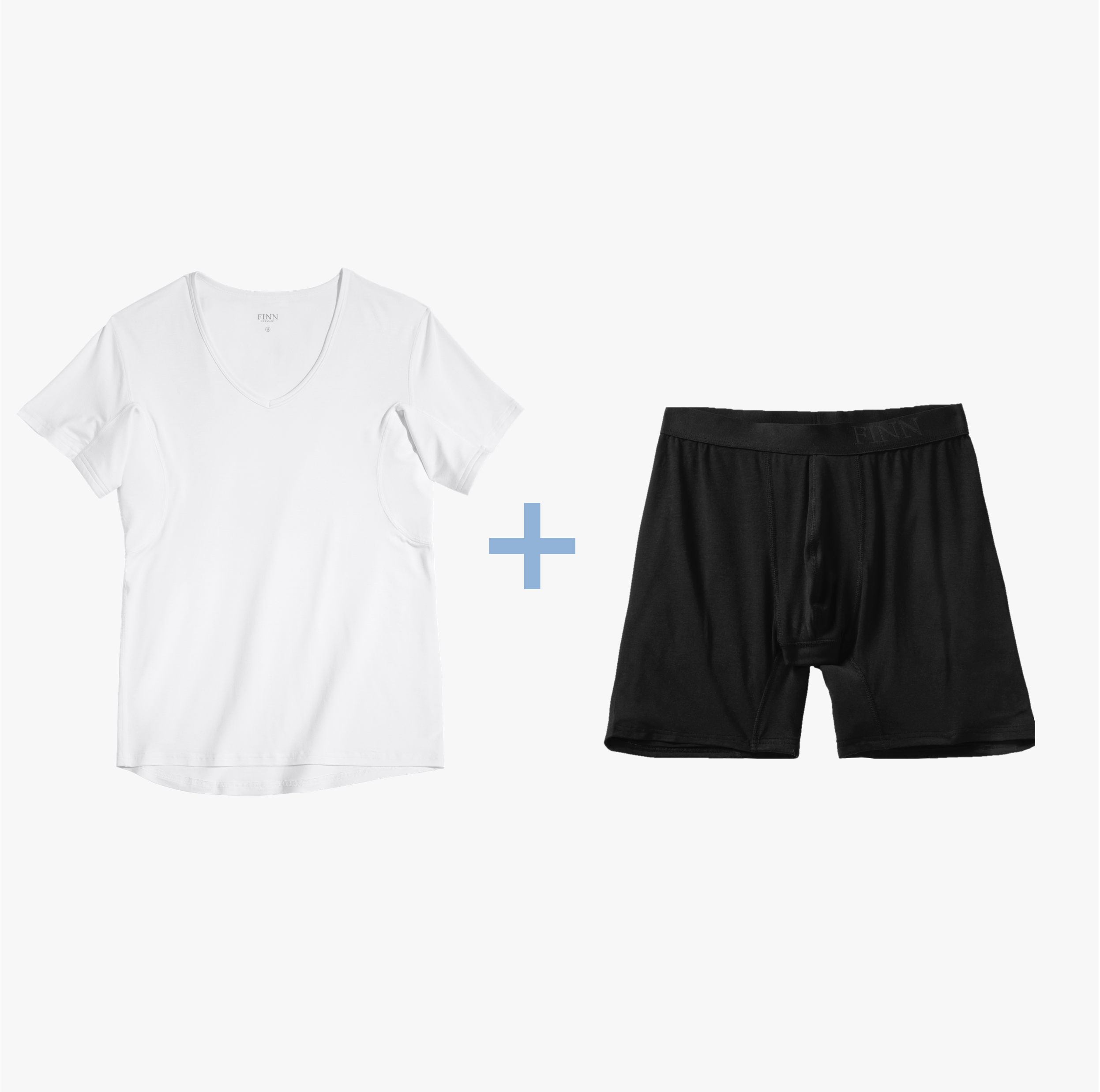 Weißes Anti-Schweiß Shirt und schwarze Boxershorts im Anti-Schweiß Unterwäsche Set. 100% Schutz vor Schweißflecken, 3-Lagen Technologie, zertifizierter Tragekomfort.