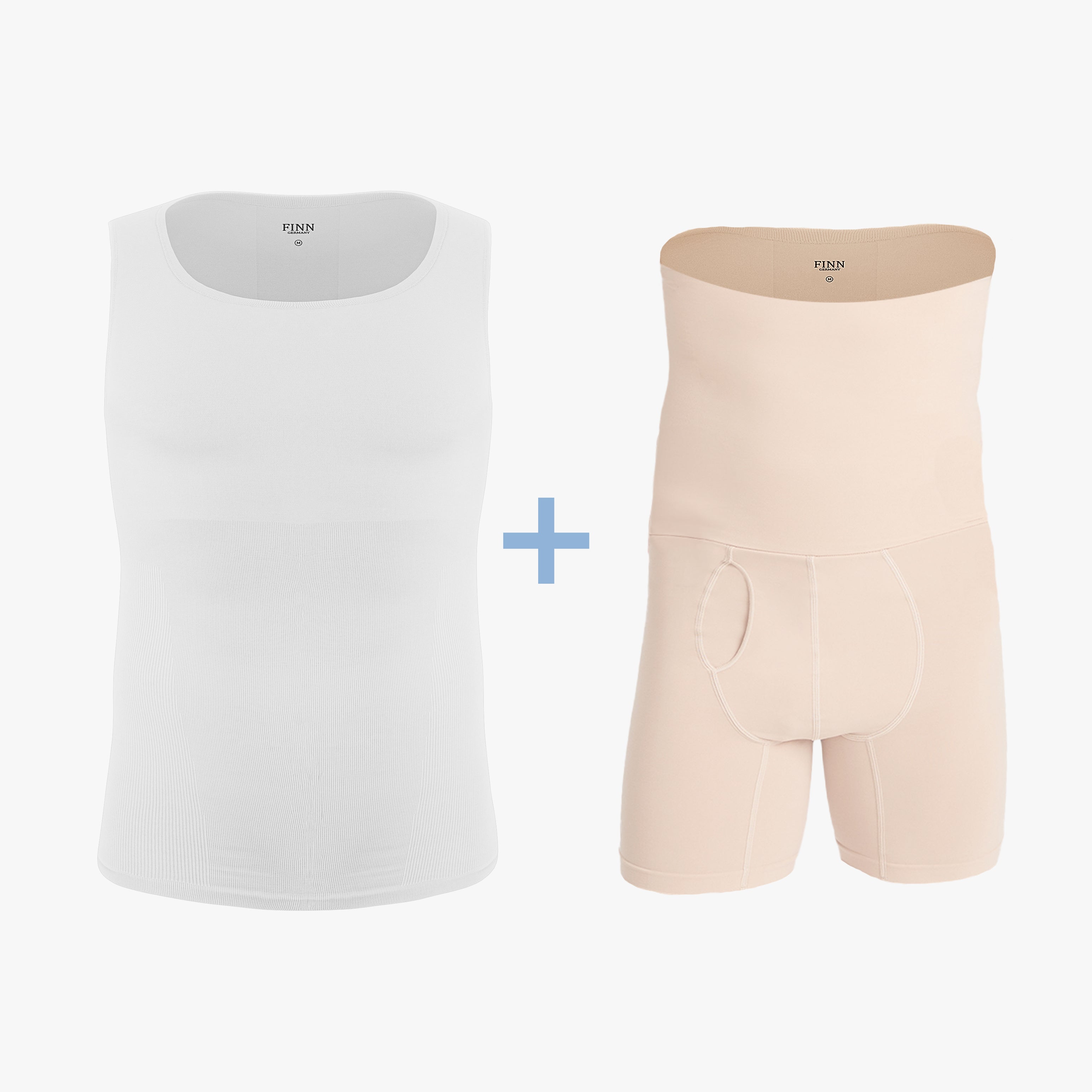 Mann trägt ein Shapewear Seamless Set für Herren mit einem weißen nahtlosen Oberteil und hautfarbenen Shorts. Das Set bietet gezielte Kompression für eine definierte Silhouette und sorgt dank nahtloser Verarbeitung für höchsten Tragekomfort. #farbe_weiß