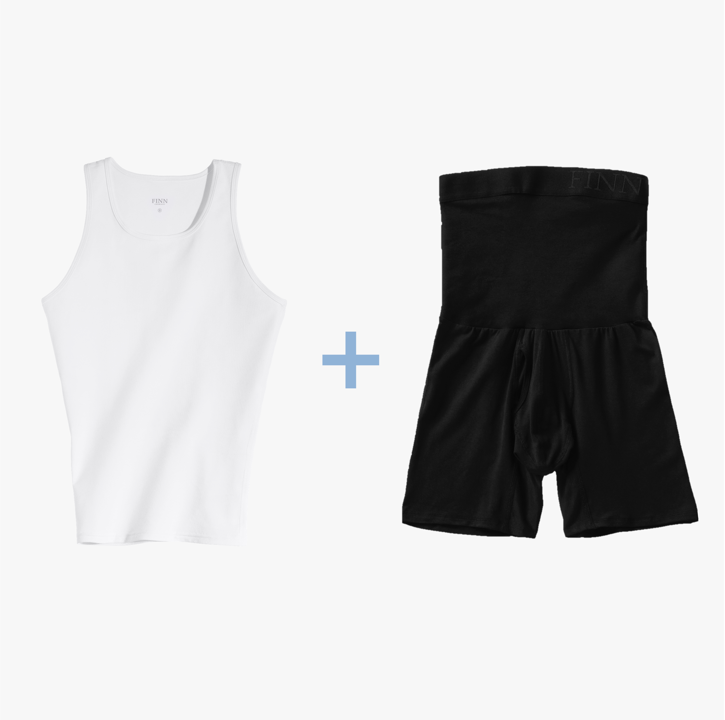 Ein Set mit weißem Kompressions-Unterhemd und schwarzen Shape-Boxershorts für Herren. Starker Bauch-weg Effekt, hochwertige Baumwolle, maximaler Tragekomfort.