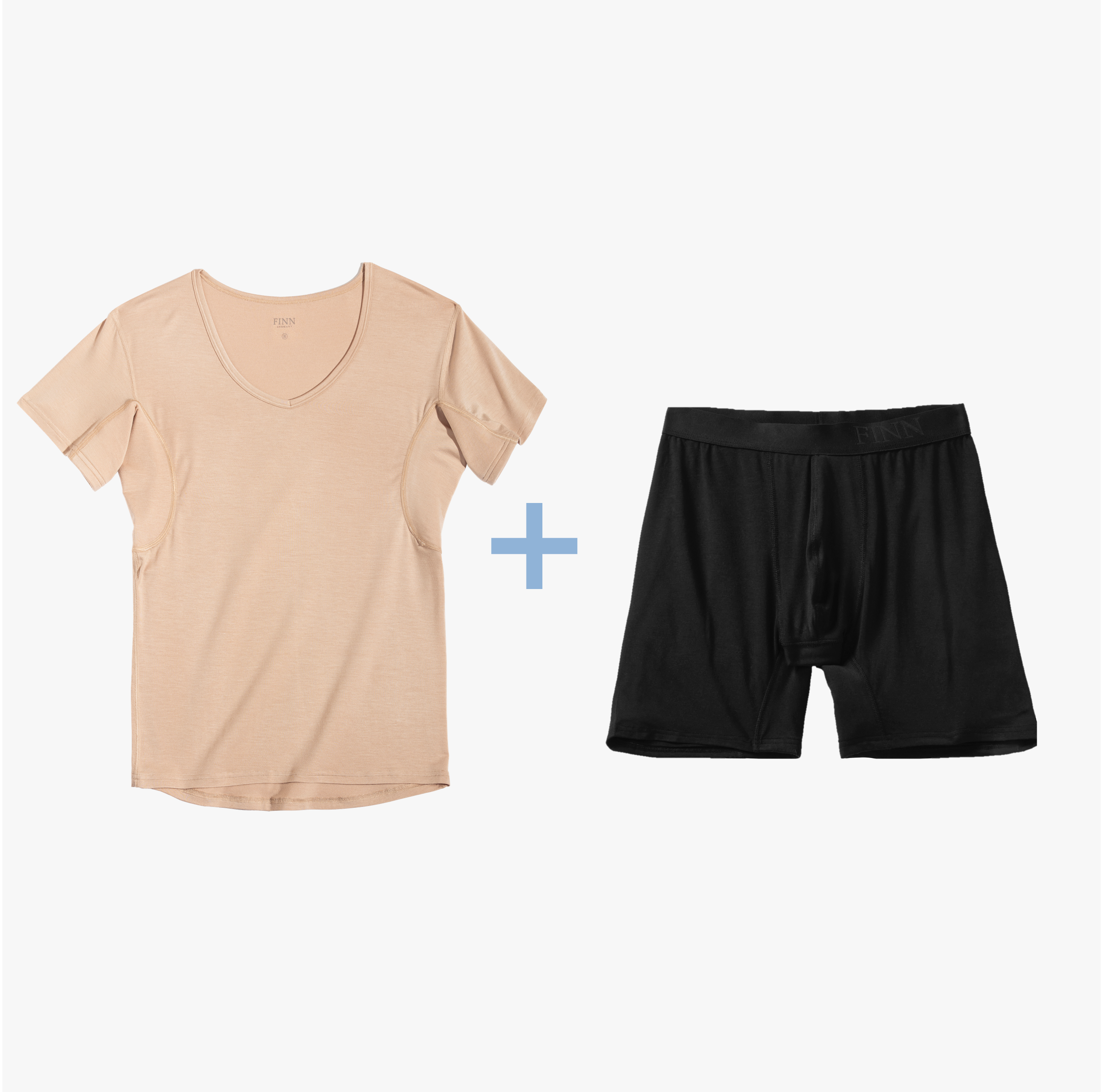 Nude Anti-Schweiß Shirt und schwarze Boxershorts im Anti-Schweiß Unterwäsche Set. 100% Schutz vor Schweißflecken, 3-Lagen Technologie, zertifizierter Tragekomfort.