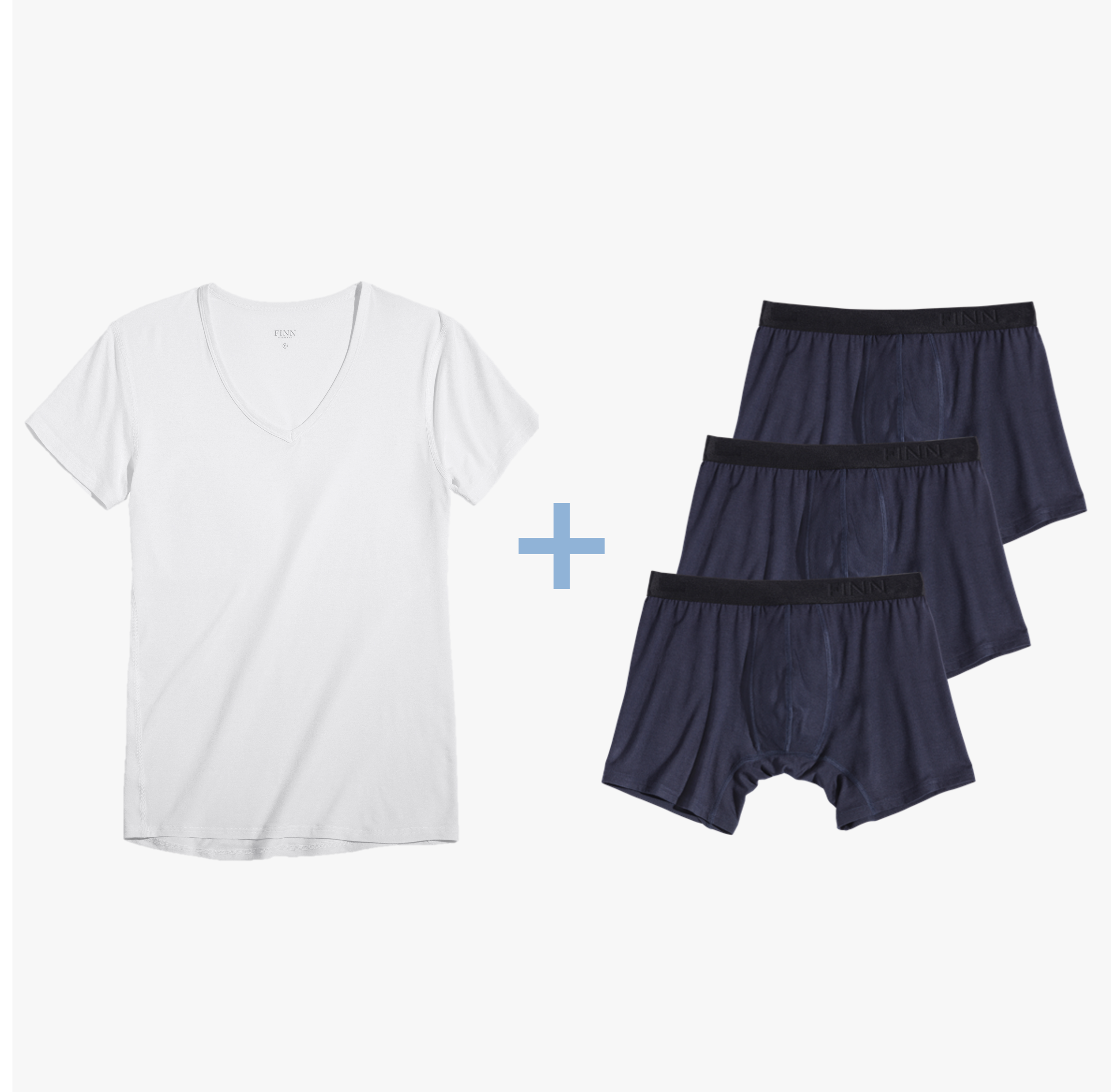 Weißes Unterhemd & 3 blaue Boxershorts im Bestseller Business-Unterwäsche Set. Bundle-Set mit Micro-Modal Stoff für optimalen Tragekomfort.